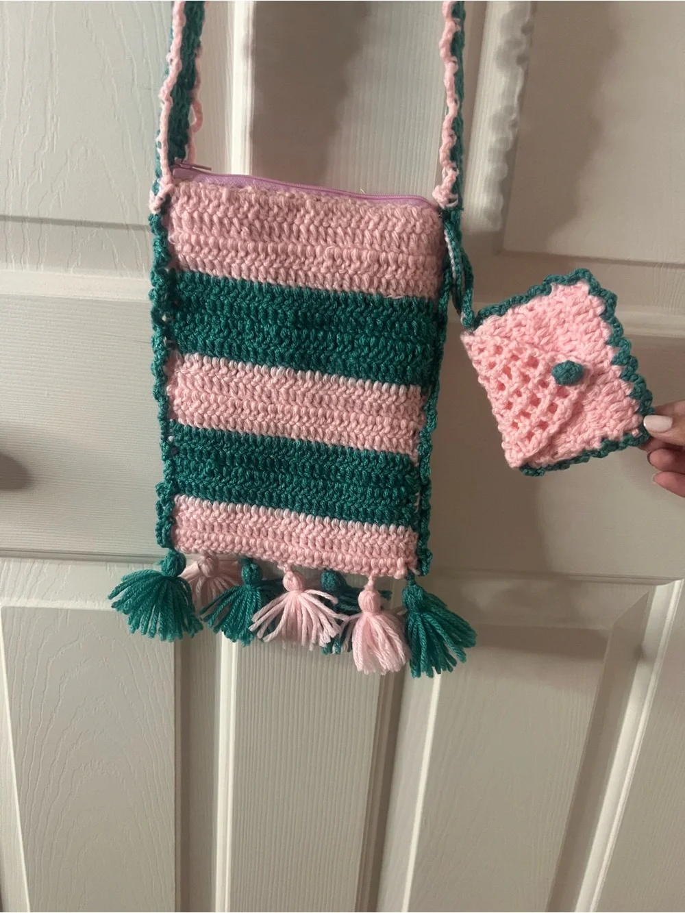 Handmade Pink and Teal Crochet Kids Crossbody Bag